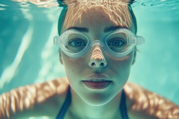 Underwater image of female swimmer in pool with cap and goggles