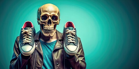 Skull mascot holding a pair of trendy shoes , skull, marketing, shoes, footwear, promotion, advertisement, branding