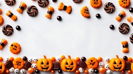 halloween candy double border banner top view white background copy space