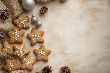 Fototapeta premium Festive Gingerbread Stars with Christmas Decorations on Rustic Background