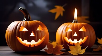 Obraz premium halloween pumpkins autumn leaves candle fall decorations