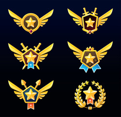 Obraz premium A set of different award badges with a star in a circle and wings on the sides on a dark background. Game medals for achievements