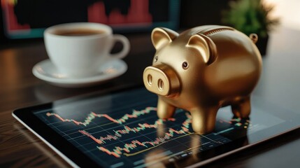 Golden piggy bank placed on a digital tablet with stock charts and a cup of coffee, indicating smart investing.