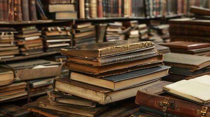 Fototapeta premium A stack of old, well-worn books sits on a table in a library.