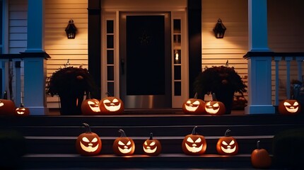 Obraz premium lit halloween pumpkins placed front porch serving exterior home decorations