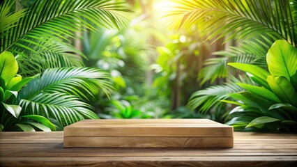 Wooden podium set in a lush tropical garden, with blurred green leaf background, wooden, podium, tropical, garden, nature