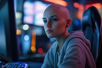 Upset bald woman at internet cafe playing online video game tournament Female gamer loses match Empty space