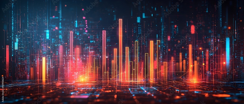 Poster futuristic digital data visualization with abstract neon lit cityscape and dynamic 3d bar charts inn