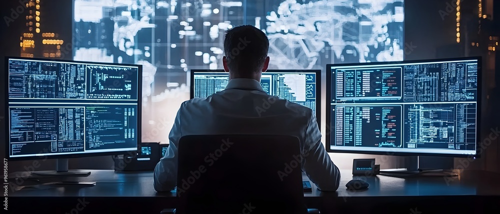 Poster a professional working at a computer in a high tech control room surrounded by multiple monitors dis