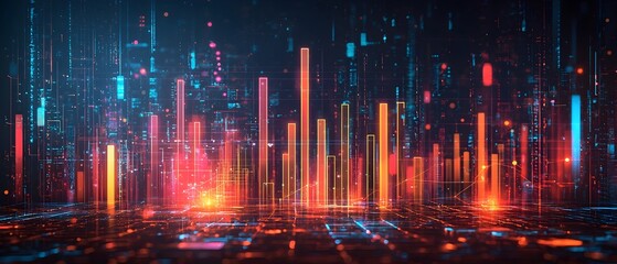 Futuristic digital data visualization with abstract neon lit cityscape and dynamic 3D bar charts  Innovative and modern concept representing technology progress and growth in a sleek vibrant
