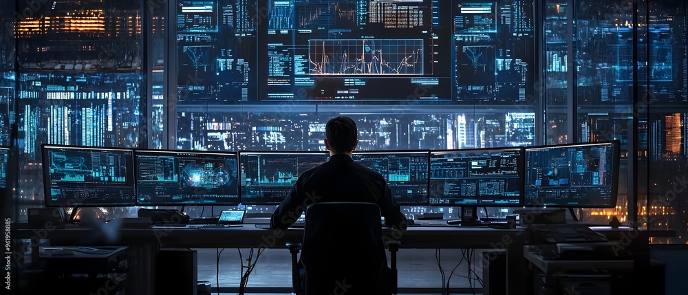 Poster professional working at a computer in a high tech control room surrounded by multiple monitors displ