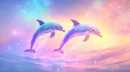 A vibrant 3D illustration of astral dolphins leaping through stardust, pastel isolated background, 100%