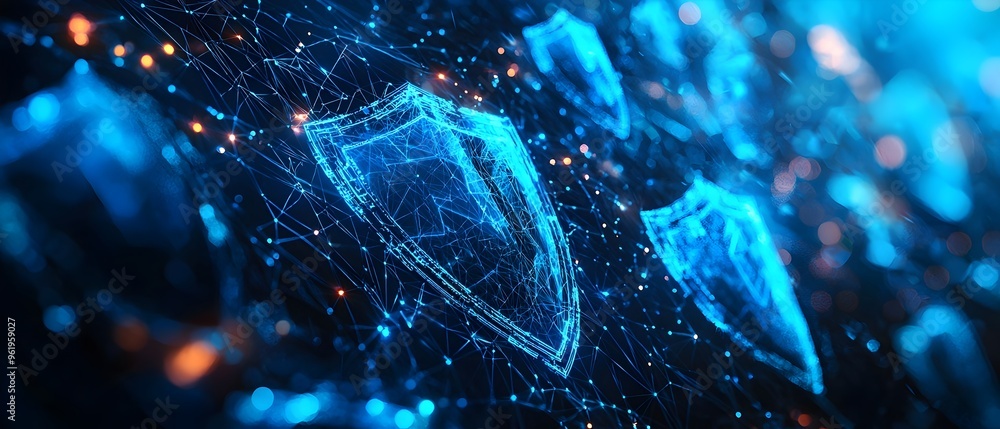 Poster futuristic digital concept showcasing the power of cybersecurity featuring glowing blue shields and 