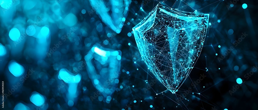 Poster futuristic digital concept of cybersecurity featuring glowing blue shields and interconnected networ