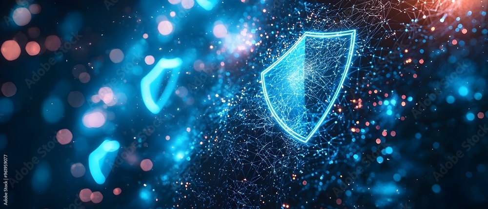 Poster futuristic digital concept of cybersecurity featuring glowing blue shields and interconnected high t