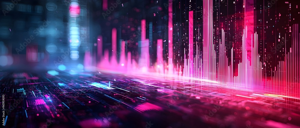 Poster futuristic data visualization featuring dynamic bar charts and abstract tech elements with a modern 
