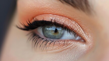 Obraz premium A close up of a woman's eye with a shimmery peach eyeshadow.