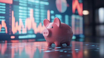 Piggy bank in front of a digital screen with stock market analytics, showing investment growth trends.