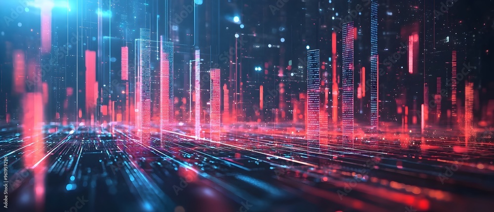 Poster futuristic data visualization featuring bar charts and abstract technological elements in a modern i