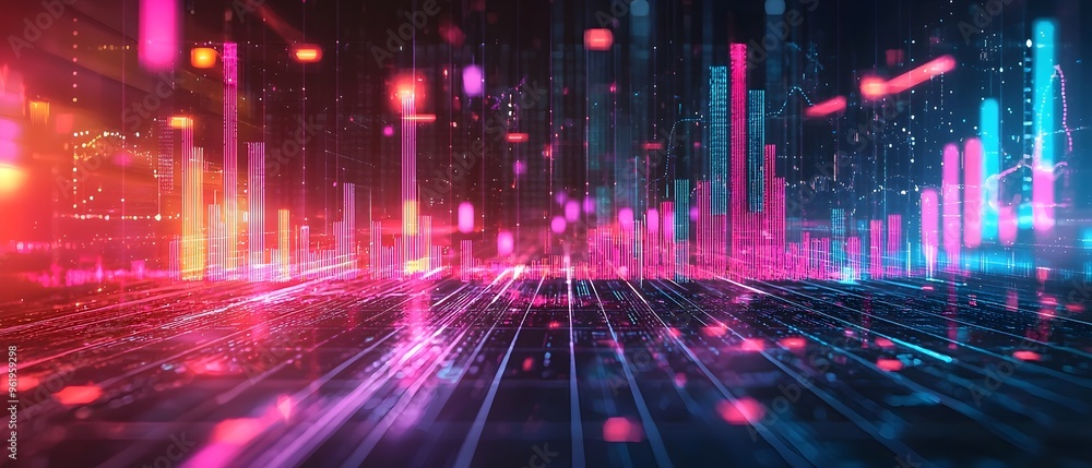 Poster futuristic data visualization featuring a dynamic and vibrant neon lit cityscape with abstract tech 