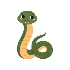 Fototapeta premium Cute funny snake with big eyes. A spotted green reptile with a yellow striped belly. Satisfied kawaii character. Wild animal. Cartoon style. Vector illustration isolated on white background.