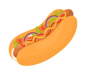 Hot dog with sausage, ketchup, mustard, lettuce, onion, tomatoes. A traditional street food, quick snack. Takeaway meal. Design for menu, logo for fast food. Vector illustration on a white background.
