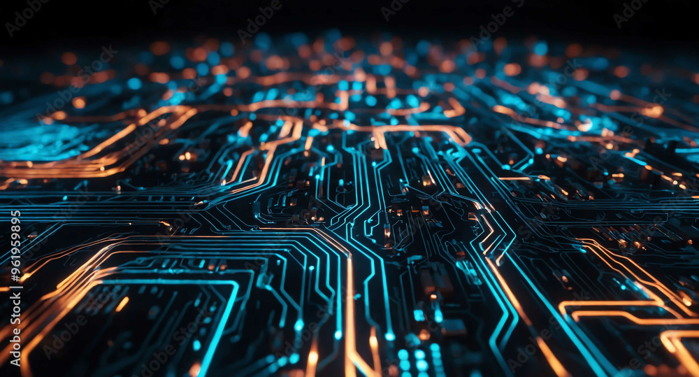 Poster digital circuit pathways glowing light abstract background