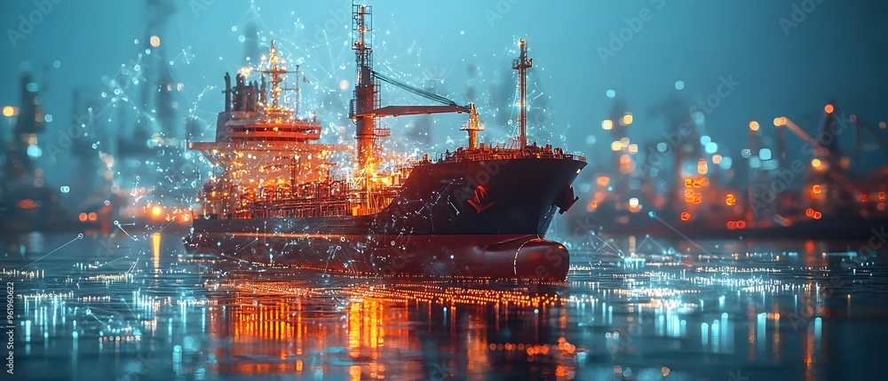Poster nighttime view of a bustling maritime shipbuilding and trade hub visualizing the intricate network o