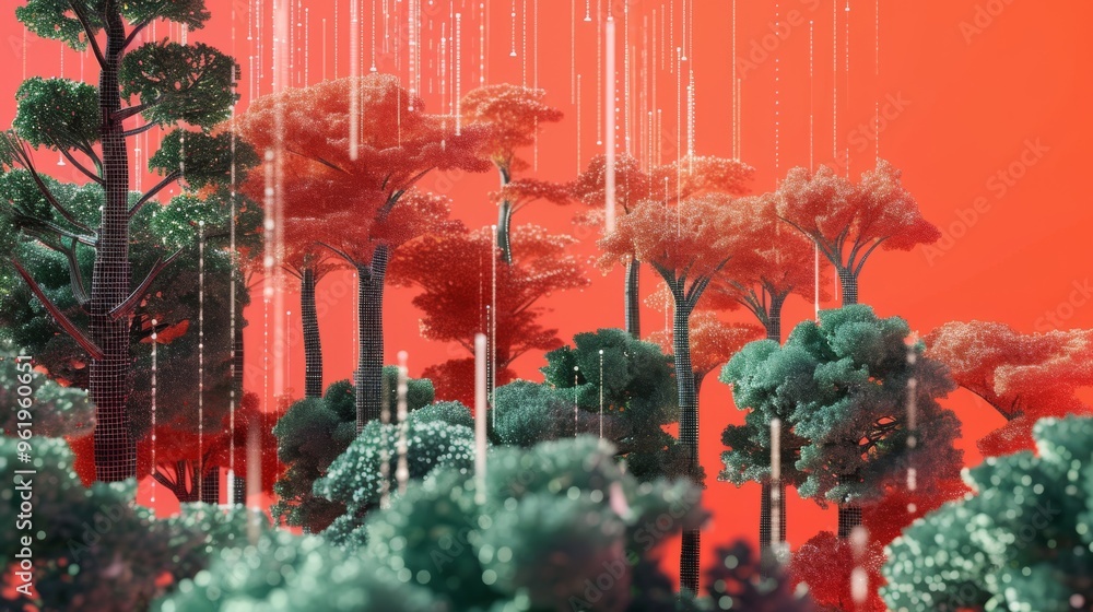 Poster a striking digital forest composed of tall wireframe trees, bathed in a surreal red hue. light parti