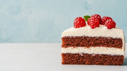 Delicious chocolate cake slice topped with fresh raspberries and cream, perfect for dessert or celebration.