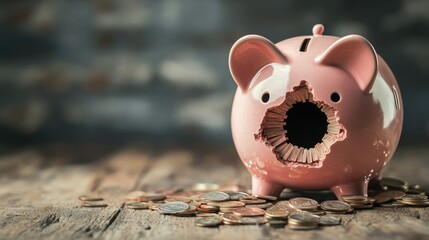 Piggy bank with a bullet hole and scattered coins, symbolizing financial hit or damage. Focus on the bullet hole.