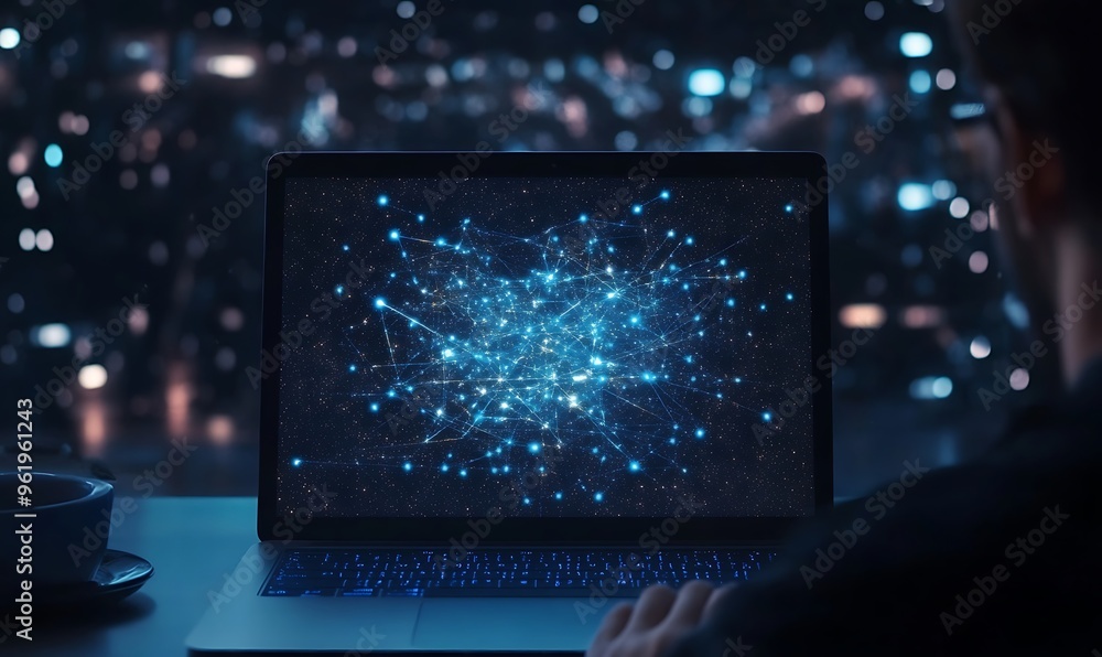 Poster person using laptop with network visualization on screen