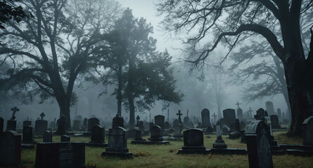 Naklejka premium eerie fog covered tombstone on cemetery background
