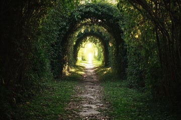Vegetation covered pathway with light at end