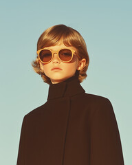 Young fashionista concept. Young mod girl wearing classic black coat and stylish sunglasses, posing over blue sky background. Retro, vintage postcard style. Outdoor shot