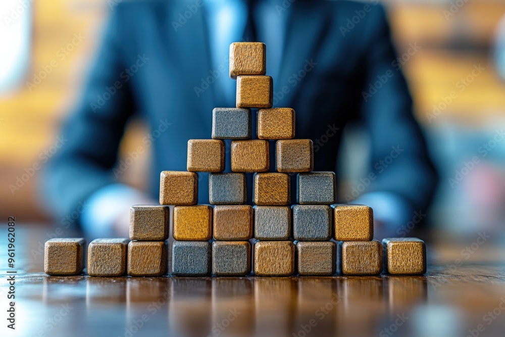 Poster building success block by block: a businessman strategically assembles a pyramid of wooden blocks, s