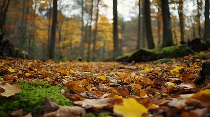 19. Dense forest floor with fallen leaves and moss