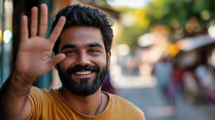 Obraz premium Candid Moment on the Street: A Smiling Man Waves Goodbye