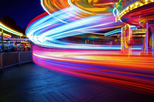 Vibrant light streak from carousel at night amusement park