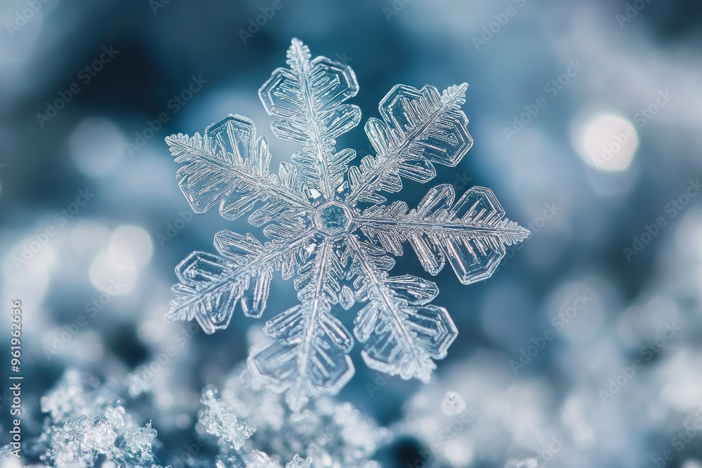 Poster a delicate snowflake with intricate detail against a blurred background