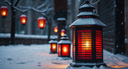 Naklejka premium Festive holiday lanterns in snowy street background