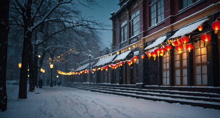 Festive holiday lanterns in snowy street background