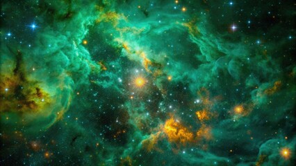 Obraz premium Celestial panorama of emerald and saffron colors evoking cosmic wonder, celestial, panorama, emerald, saffron, colors