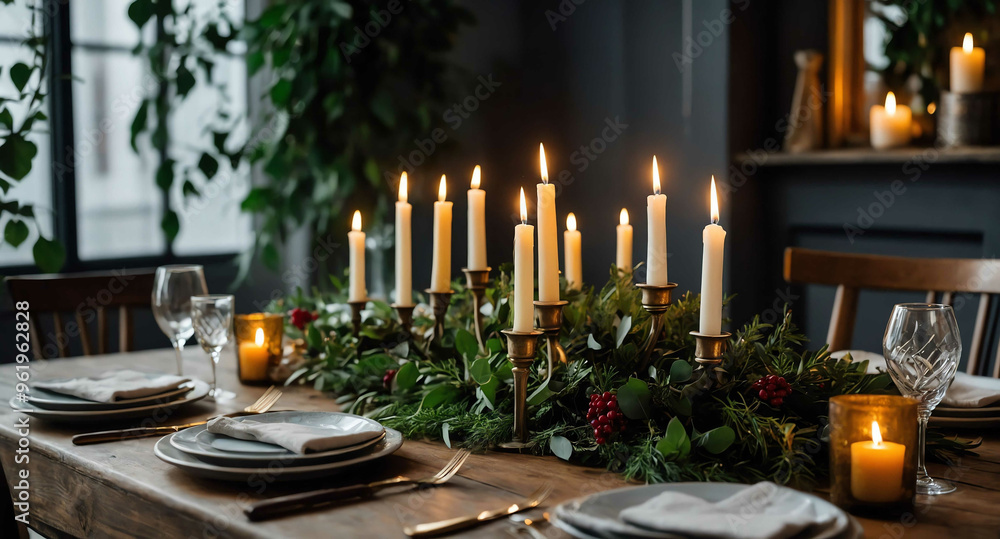 Poster festive table setting with candles and greenery background