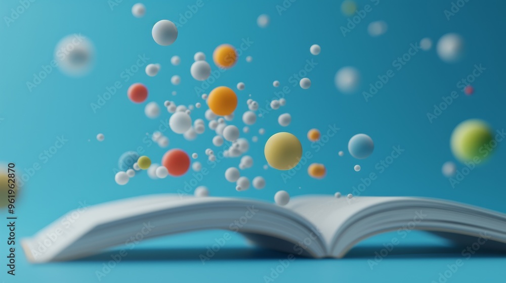 Poster a surreal 3d-rendered image of an open book with colorful spheres floating above it against a blue b