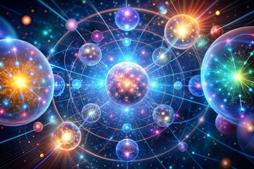 Vibrant cosmic universe and interstellar particles with glowing spheres and radiating lights illustration