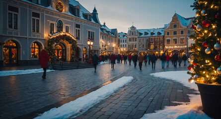 Naklejka premium Festive town square with Christmas decorations background