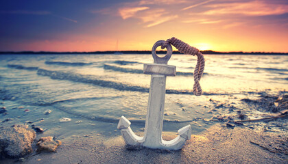 romantic evening at the beach with wooden anchor in the sand