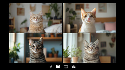猫のオンラインミーティングのパソコン画面。4匹の猫が映し出されている。猫の集会もオンラインの時代。ジョーク、パロディ