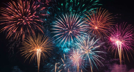 Naklejka premium Fireworks bursting with neon lights abstract background